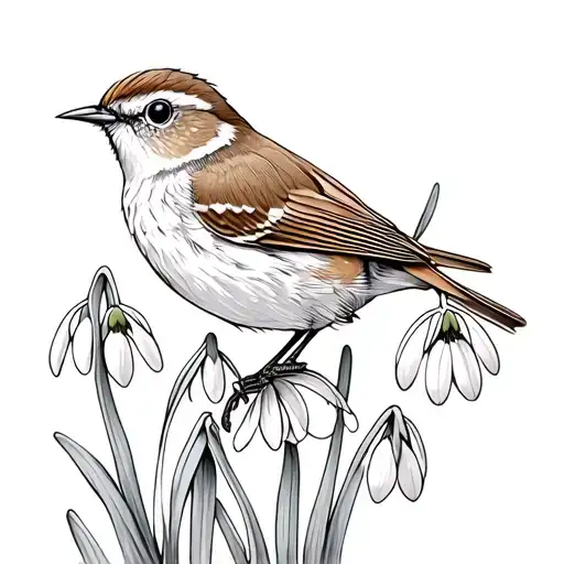Wren On Snowdrops Line Drawing Style