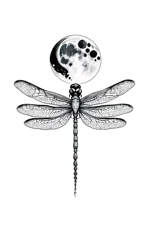 Dark Themed Vertical Dragonfly Tattoo With Moon