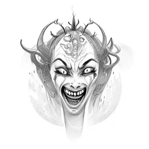 Beautiful Female Demon Head Crying And Smiling With Her Hands Up As If She's Praying