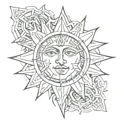 A Sketch Style Tattoo Of A Sun Face With Hidden Occult Symbols And References To Witchcraft