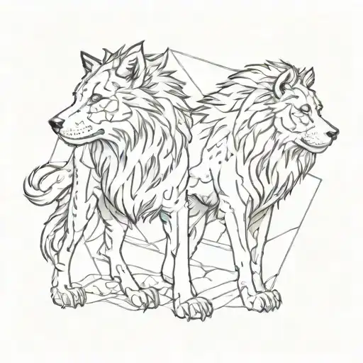 A Sketch-style Tattoo Of A Wolf And Lion Standing Side By Side