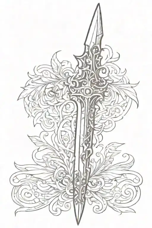A Detailed Sketch Of A Dagger With Intricate Wing Designs