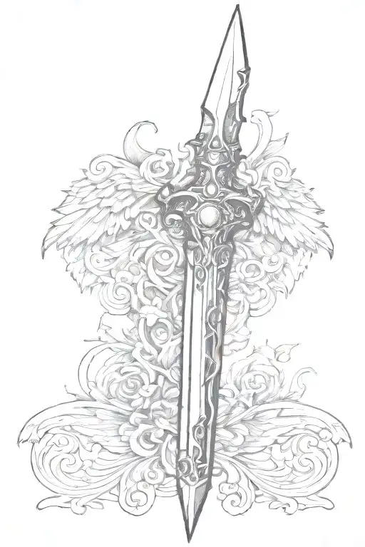 A Detailed Sketch Of A Dagger With Intricate Wing Designs