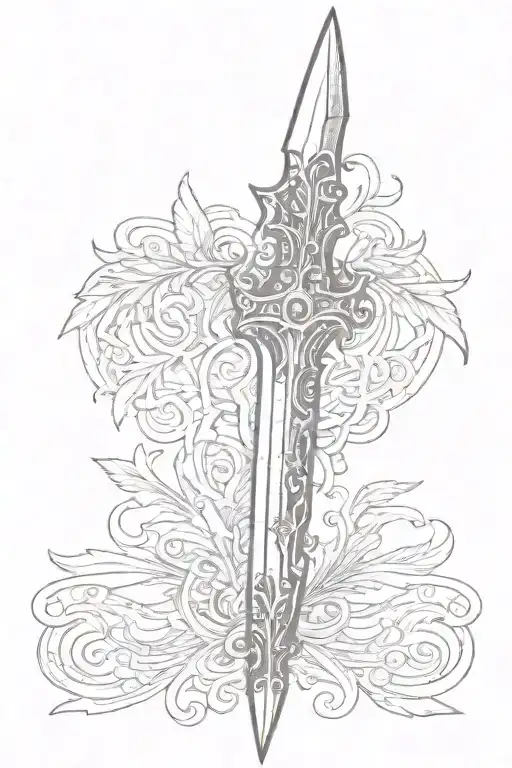 A Detailed Sketch Of A Dagger With Intricate Wing Designs