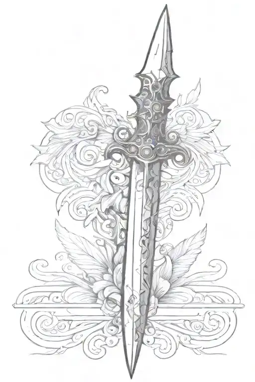 A Detailed Sketch Of A Dagger With Intricate Wing Designs