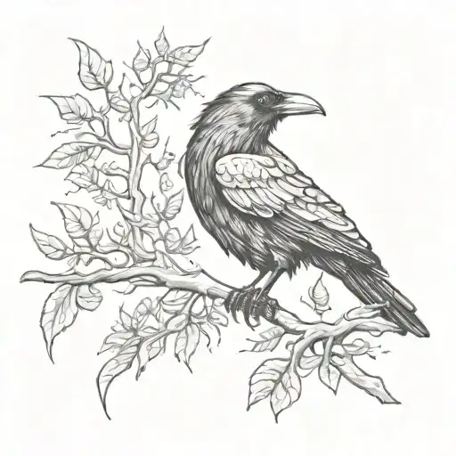 A Detailed Sketch Of A Raven Perched On A Branch Surrounded By Mystical Symbols