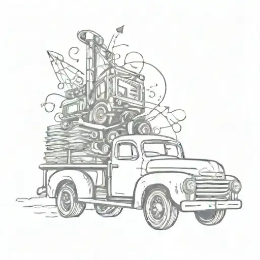 A Tattoo Of A Vintage Truck Driving Through A Music Staff With Notes Floating Around It