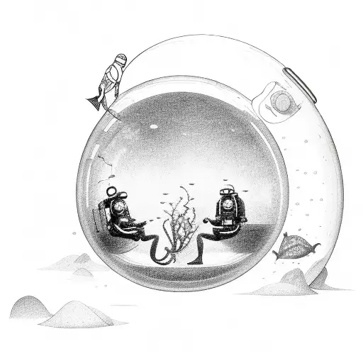 Two Deep Sea Divers Floating In A Fishbowl Black And White