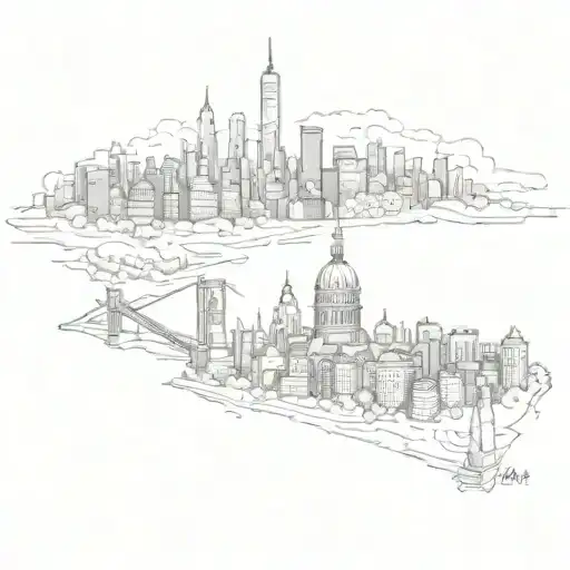 A Detailed Sketch Of The New York City Skyline With Ancient Roman Architecture Intertwined