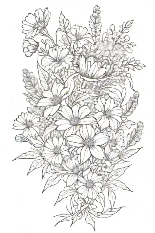 A Sketch Style Tattoo Of A Bouquet Of Wildflowers With A Mountain Silhouette In The Background