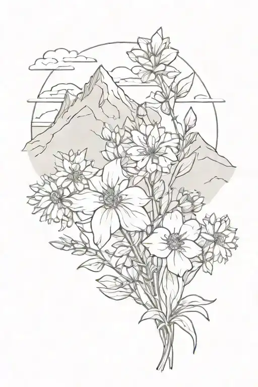 A Sketch Style Tattoo Of A Bouquet Of Wildflowers With A Mountain Silhouette In The Background