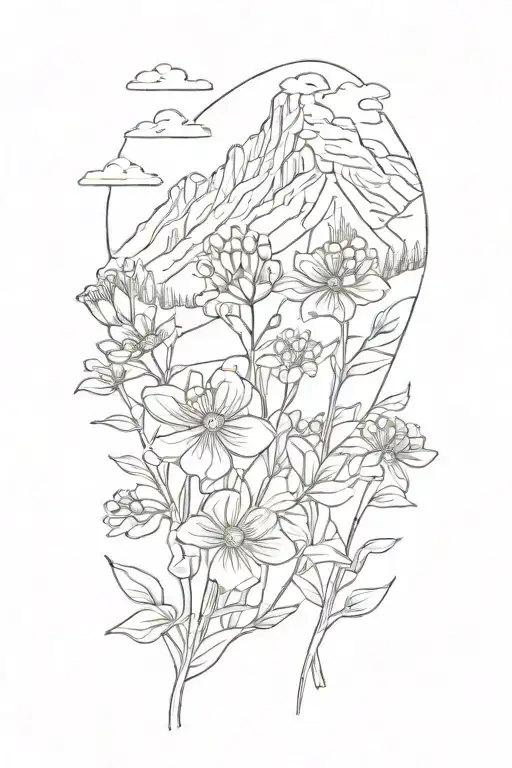 A Sketch Style Tattoo Of Wildflowers With A Mountain Silhouette In The Background