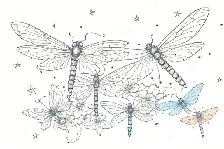 Dainty Dragonflies And Butterflies Fluttering With Stars Between Along Collarbone