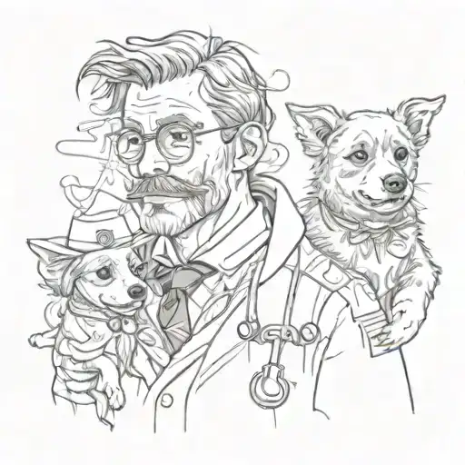 A Portrait Of A Doctor With A Dog And A Teddy Bear On Their Shoulders