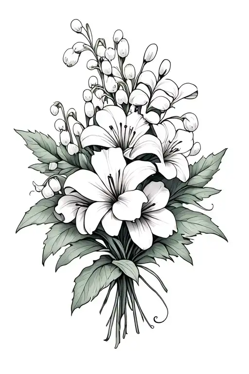 Fineline Tattoo Of A Bouque Of Catnations And Lily Of The Valley Along With Some Foliage