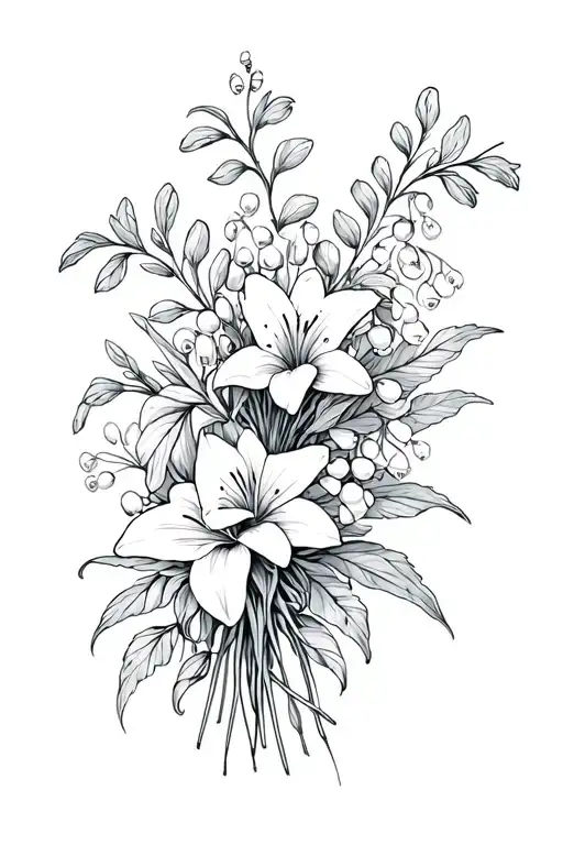 Fineline Tattoo Of A Bouque Of Catnations And Lily Of The Valley Along With Some Foliage