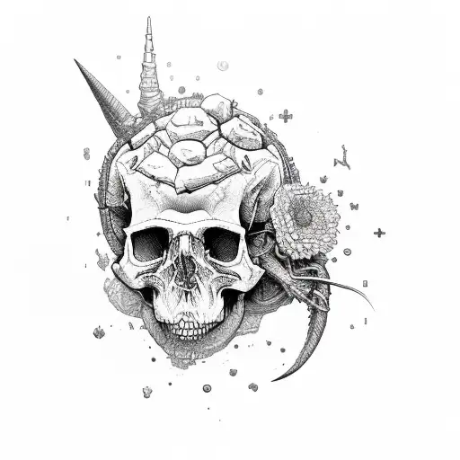 Dinosaur With Flowers Embedded In The Skull In Aeometric And Sketch Style