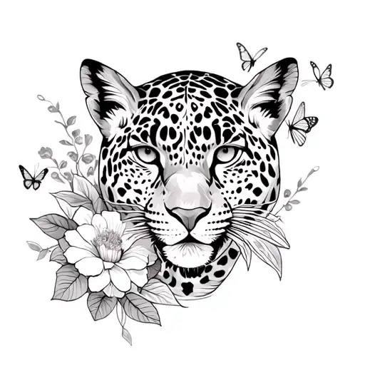 Leopard With Flowers And Butterflies And A Korean Fish That Surrounds
