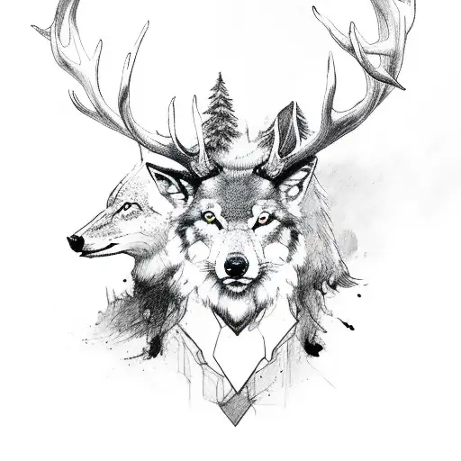 Stag With Wolf