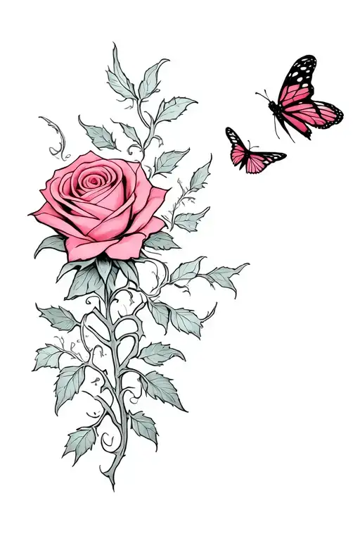 Rose With Vines And Thorns Wrapping Around Arm And Shoulder With Butterfly Details In Rose