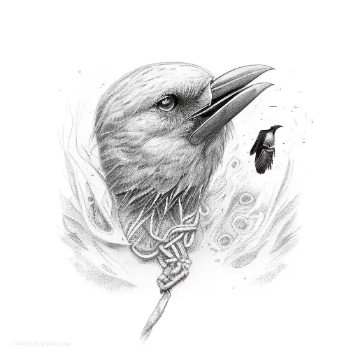 Womans Body Wrapper In Red Yarn With Crow Pulling At Her