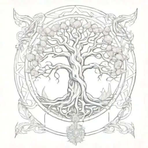 Illustrate A Scene Of Yggdrasil With Greek And Norse Deities Interacting Around It
