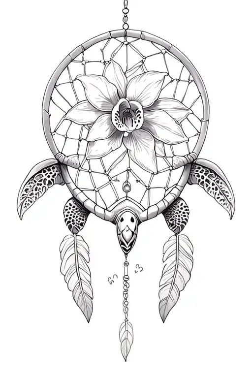 Sea Turtle With Orchid Inside Dream Catcher