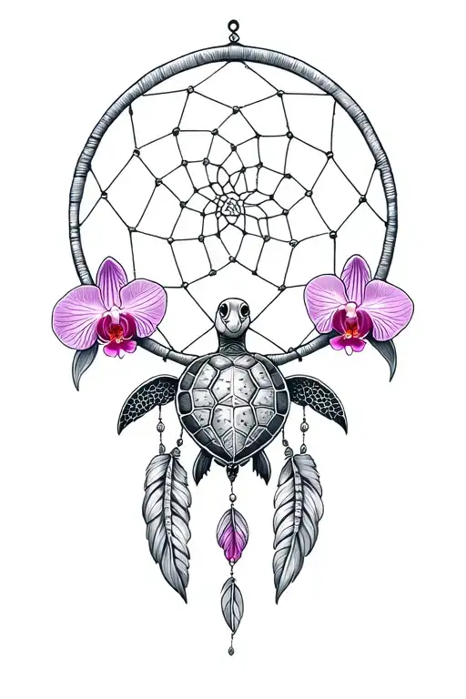 Dream Catcher With A Turtle Inside With Orchid Flowers