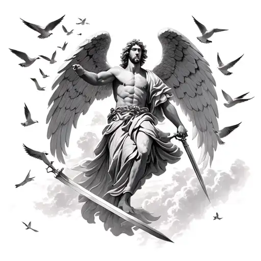 Archangel Michael Flies Up With A Sword Against The Background Of The Sky And 14 Doves