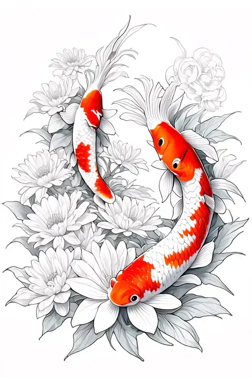 Koi Fish Surrounded By Chrysanthemus And Red Spider Lilys