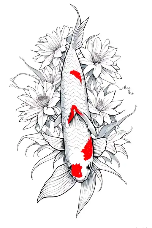 Koi Fish Surrounded By Chrysanthemus And Red Spider Lilys