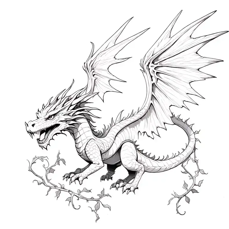Dragon With Wings With Vine That Has Leves That Goeas Around The Dragon
