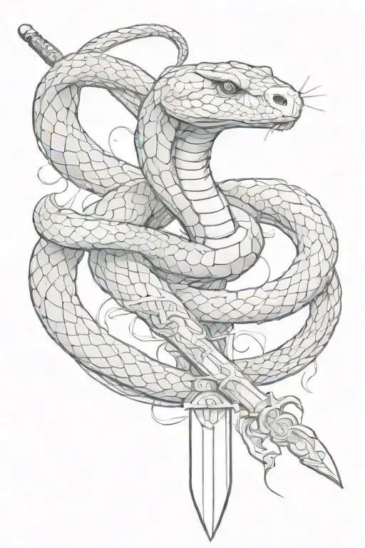 A Snake With Its Head Up Wrapped Around A Sword With The Blade Down And A Spotlight On The Handle