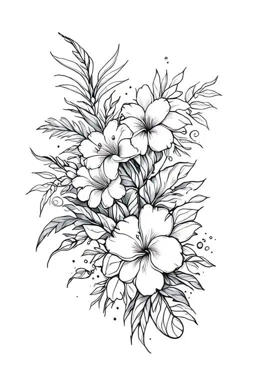Hawaiian Themed Flowers And Ocean Animals Tattoo Design