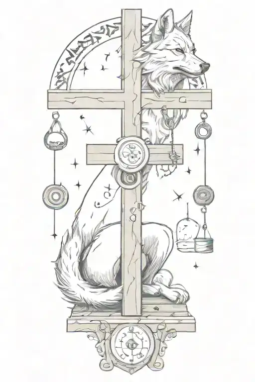 A Cross Made Of Gym Weights With A Wolf Resting At The Base And Musical Notes Floating Around It