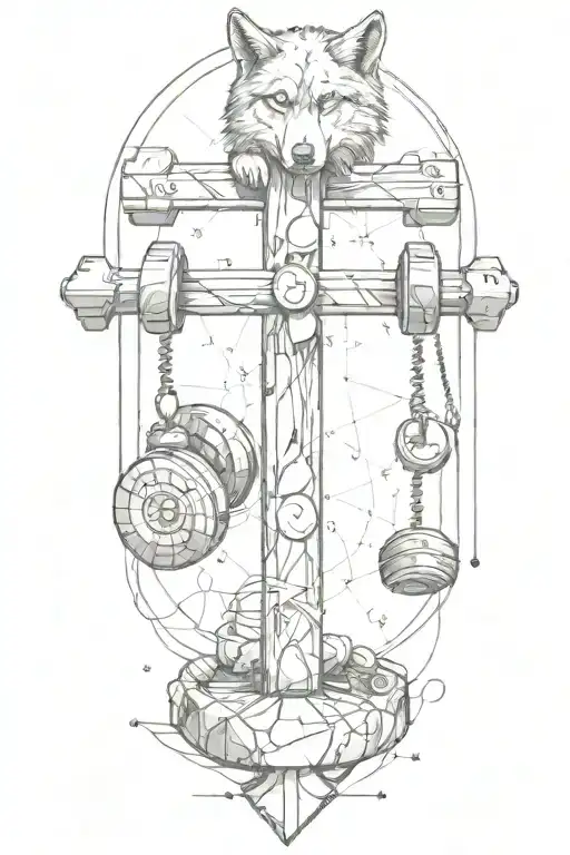 A Cross Made Of Gym Weights With A Wolf Resting At The Base And Musical Notes Floating Around It