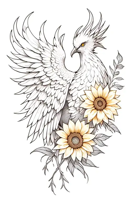 Phoenix With Sunflowers And Lotus