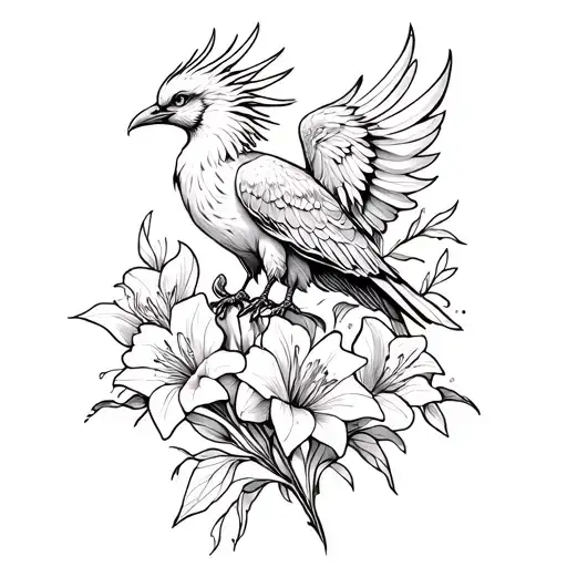 Phoenix Perched On Gladiolus Flowers