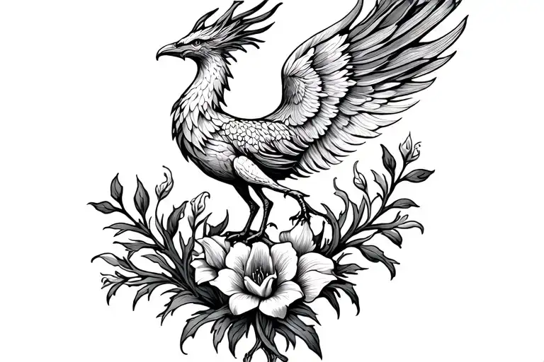 Phoenix Rising From Gladiolus Flower Intertwined Vines