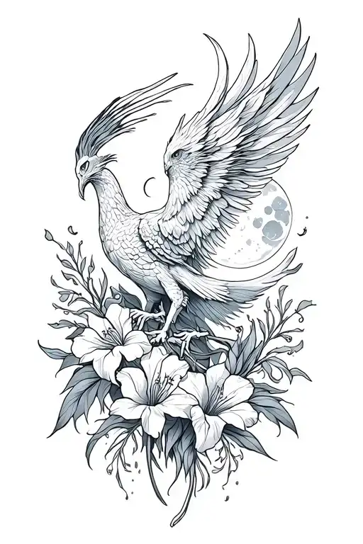 Phoenix With Gladiolus And Moon