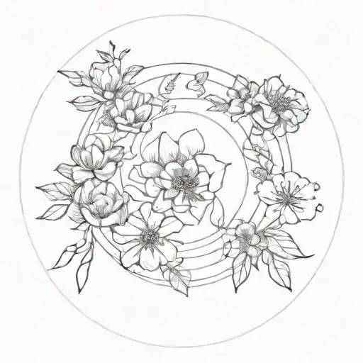 Black And White Minimalist Flowers In A Circle And Emptiness In The Center