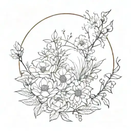 Black And White Minimalist Flowers In A Circle And Emptiness In The Center