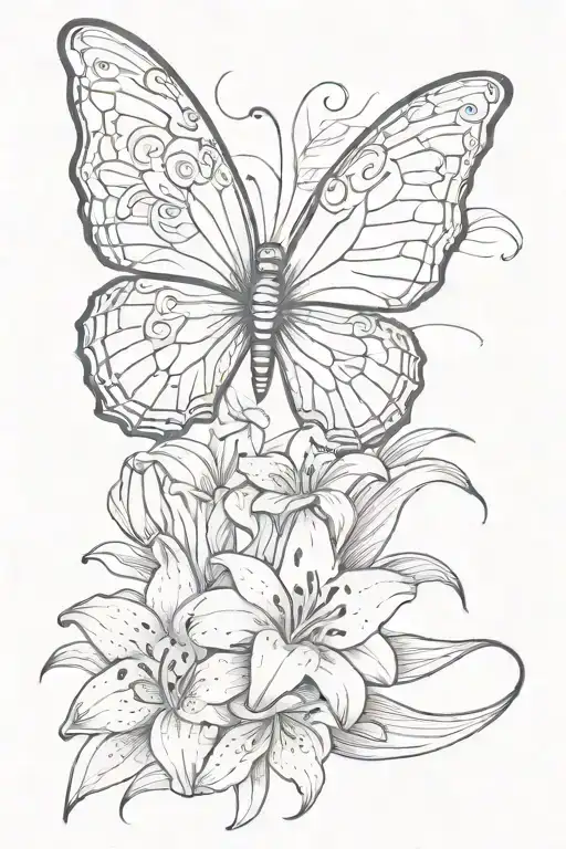 Butterfly With Cancer Ribbon And A Lily Flower
