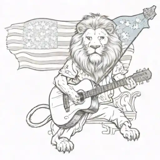 A Lion Playing A Guitar With An American Flag In The Background
