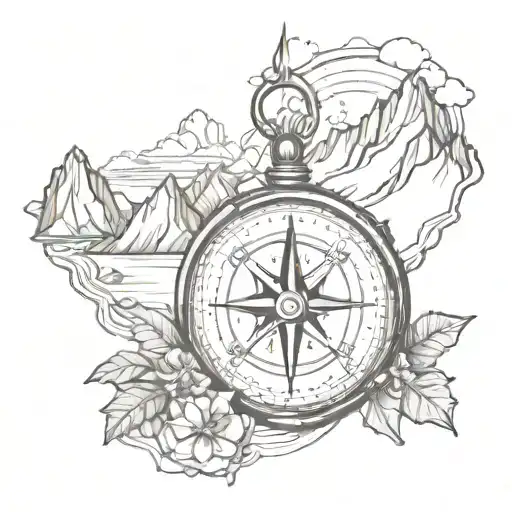 Compass With Rocky Mountains And Hawaiian Waterfall