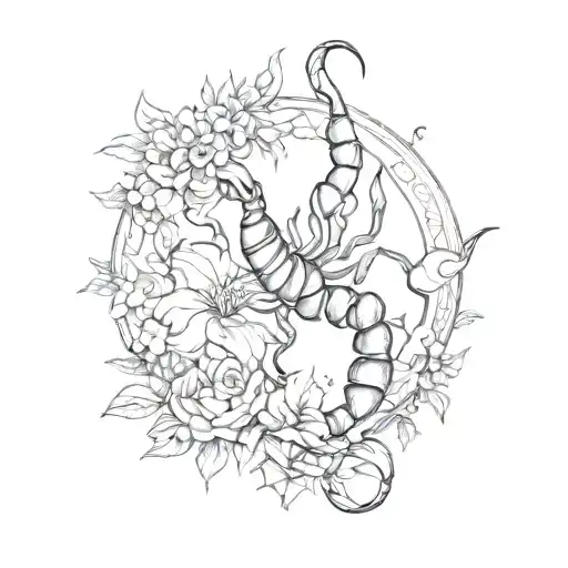 A Sketch Style Design Of A Scorpio Zodiac Symbol With Floral Accents