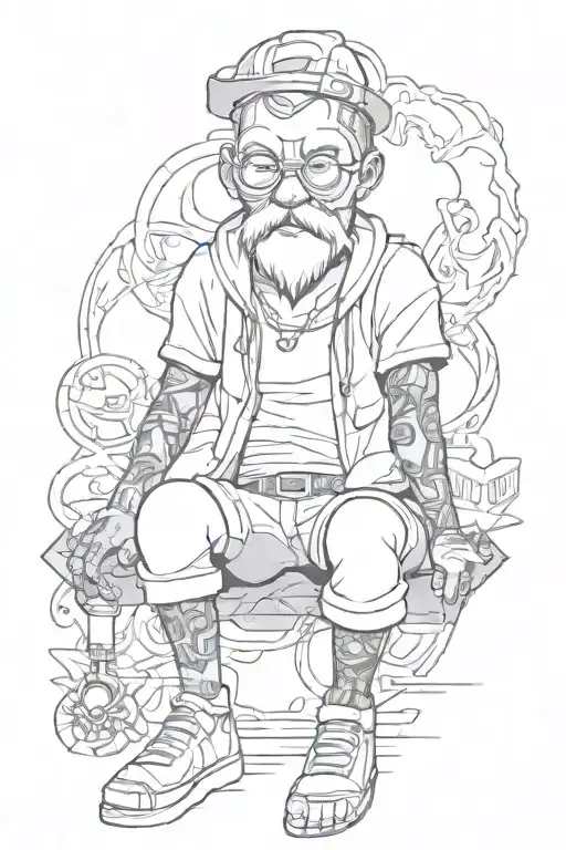 Tattoo Under The Knee Cartoon Character Holds His Hands Above Himself