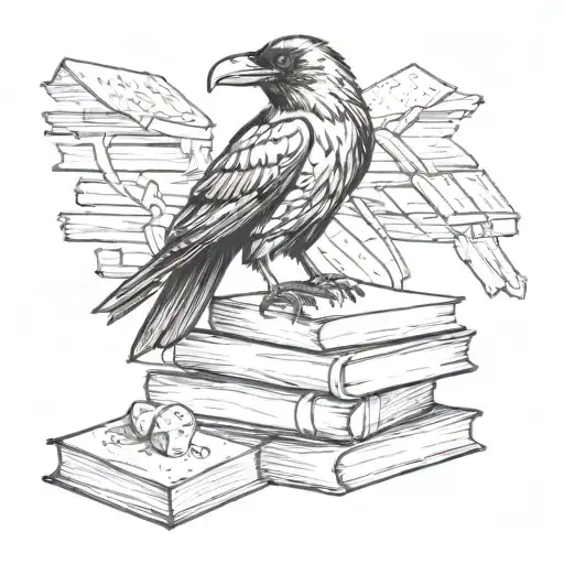 A Raven Perched On A Stack Of Books With Multiple Sided Dice Around The Books