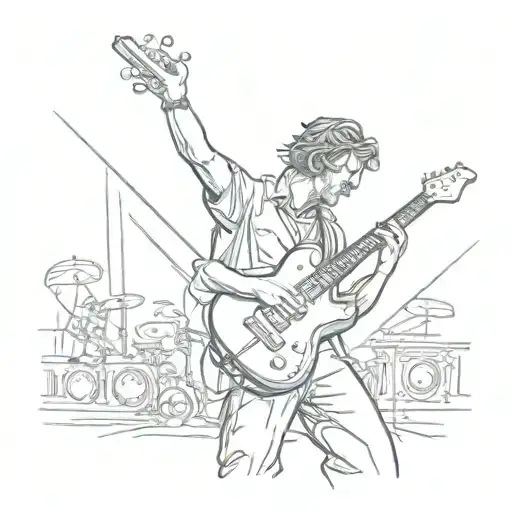 Design A Tattoo Of A Guitarist Performing On Stage In A Sketch Style With Elements Of Rock Music
