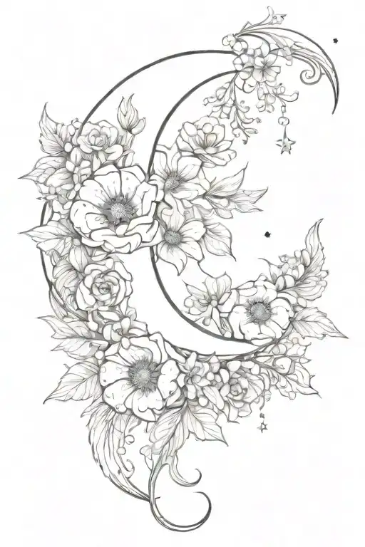 Crescent Moon With Differnt Flowers And Elegant